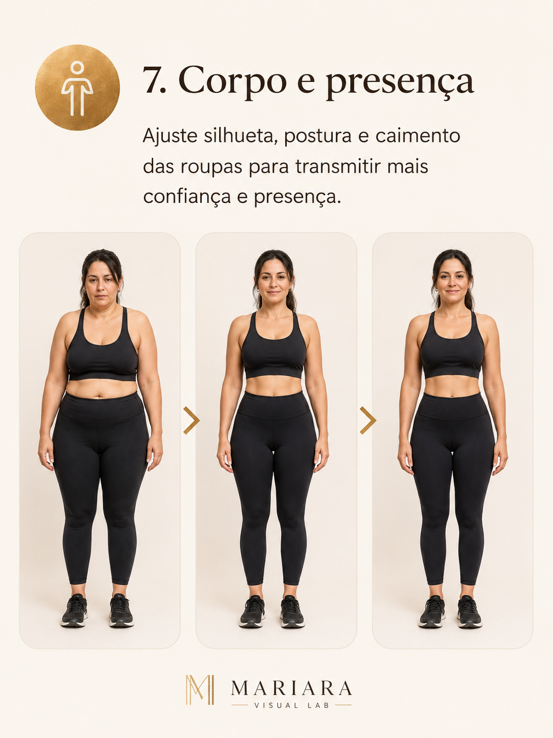 Corpo e presença com simulações de silhueta, postura e caimento.